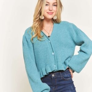 LONG PUFF SLEEVE BUTTON DOWN SWEATER CARDIGAN WITH RUFFLE HEM